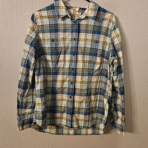 Duluth Trading Co Blue and Yellow Plaid Button Down Shirt